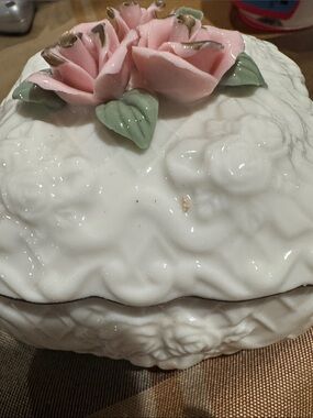 Vintage Porcelain Trinket Box with Pink Rose Detail